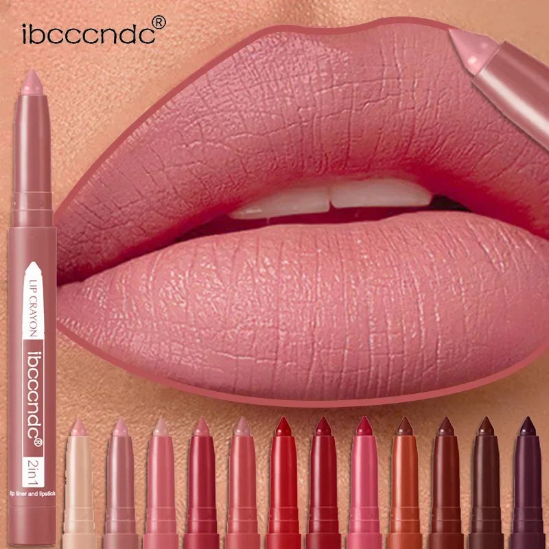 2-in-1 Lip Liner Waterproof Long Lasting Matte Lipstick Pencil Nude Pink Lips Outline Makeup Crayon Stick Lip Tint Line Cosmetic HIP
