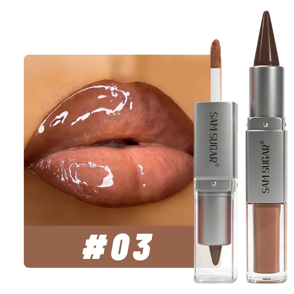 2-in-1 Lip Liner & Lip Gloss Crayon Mirror Glass Fine Shimmer Lipglaze Easy Apply Long-Lasting Waterproof Matte Lip Liner Makeup HIP 03