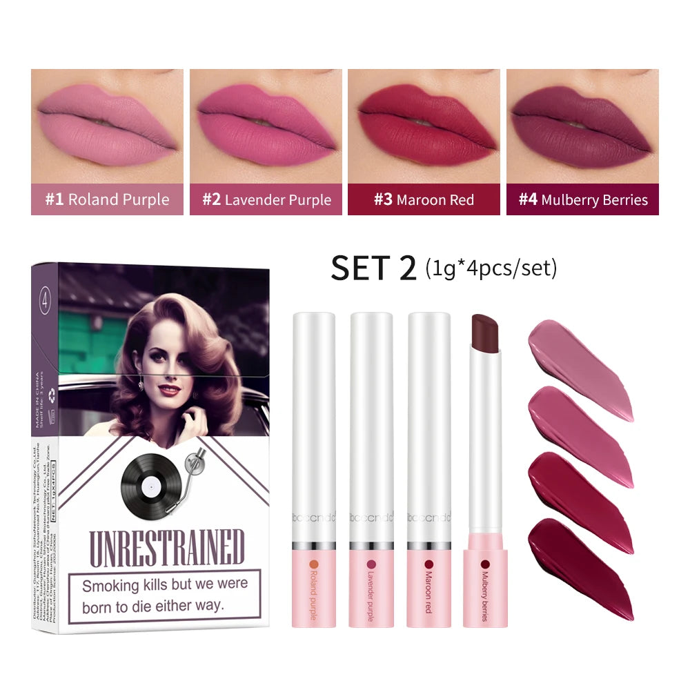 4 pcs/set Cigarette Lipstick Set Long Lasting Lip Glaze Matte Lip Gloss Waterproof Lip Stick Tube Nude Lip Tint Makeup Cosmetics HIP 4colors