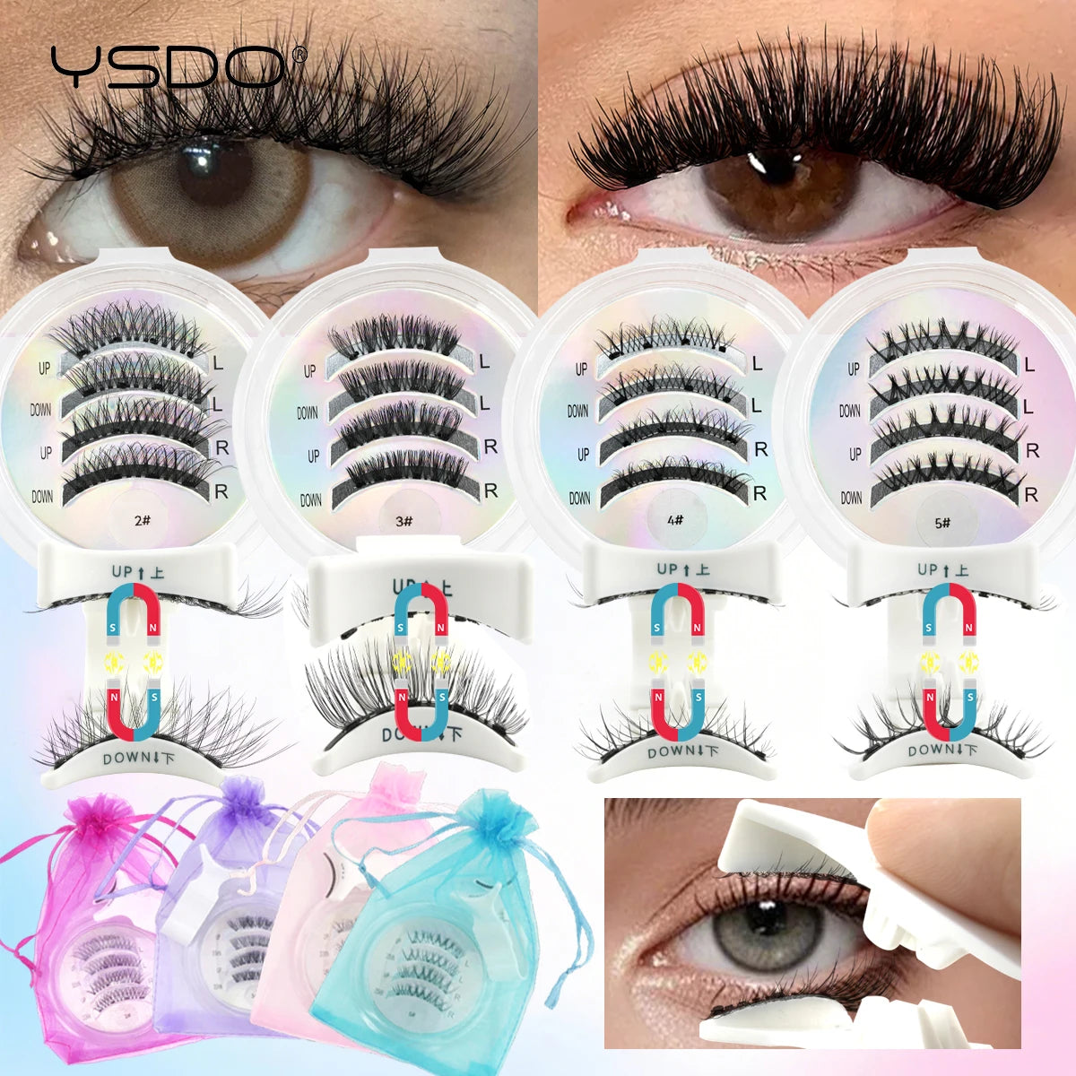 YSDO New Magnetic Lashes extension Set 1 Pairs Reusable No Glue Needed False Eyelashes with Magnetic Tweezers Set Make up Tool HIP