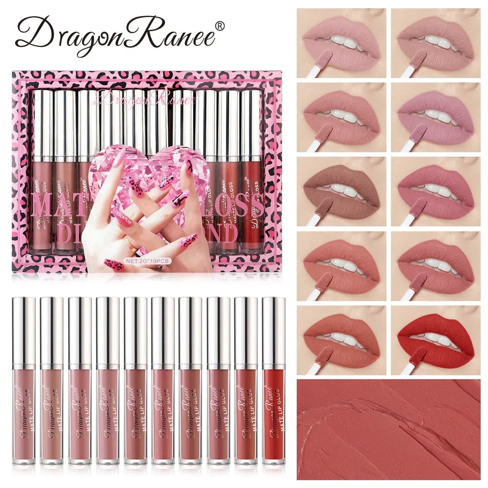 Dragon Ranee Velvet Matte Lip Gloss Set – 10-Pc Waterproof Matte Lip Gloss Set HIP