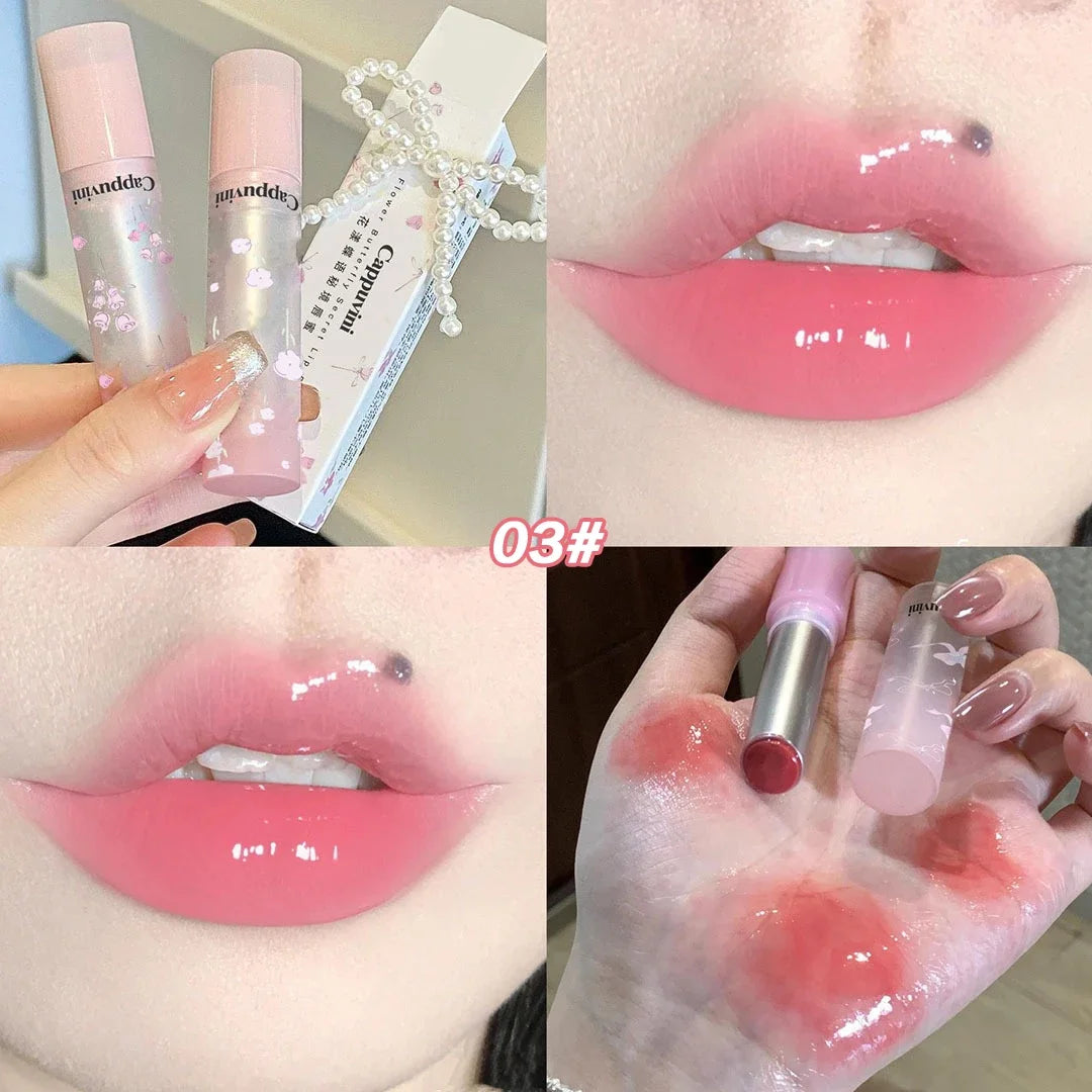 Floral Mirror Glass Solid Lip Gloss Water Light Round Tube Lipstick Clear Oil Jelly Lip Glaze Natural Nude Moisturizing Lip Tint HIP 03