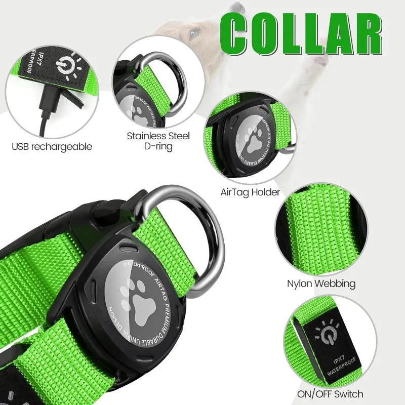 LED Rechargeable Dog Collar with AirTag Case – All Sizes LED Pet Collar HIP