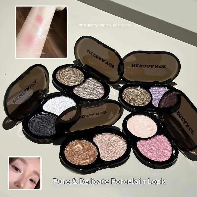 Two‑Tone Shimmer Eyeshadow Palette Pearlescent Pigmented Matte Glitter Eye Makeup Multi‑use Highlighter for Daily Smoky Eye Look HIP