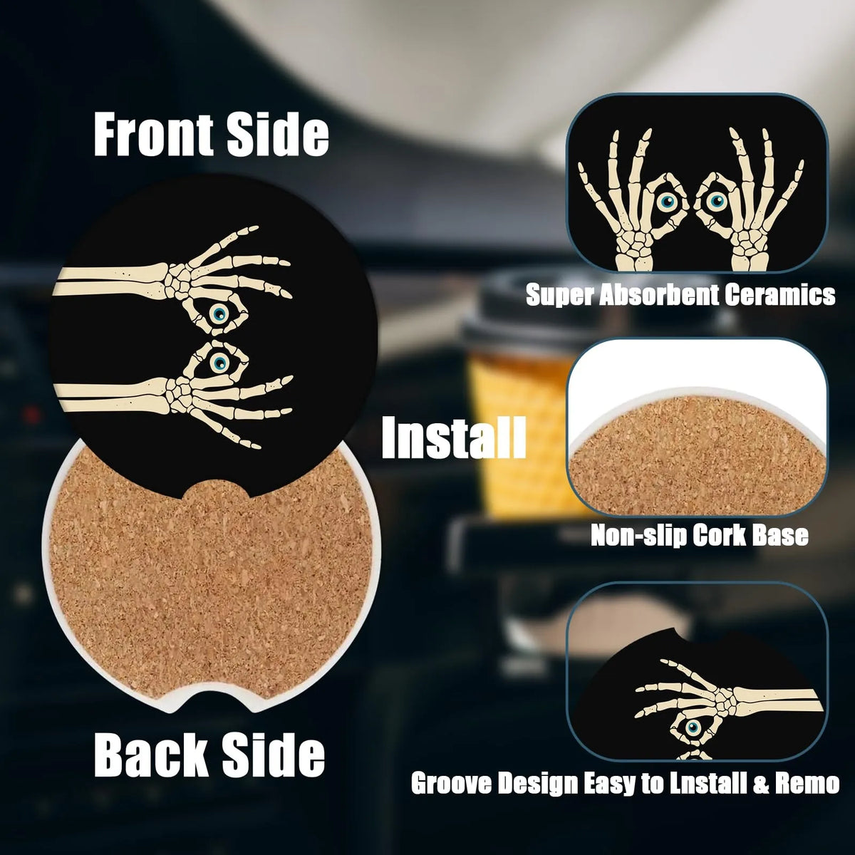Skeleton Evil Eye Car Cup Holder Coasters – 2-Pack Ceramic Car Cup Holder Coasters HIP