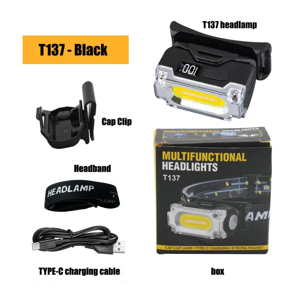 ESMARTER Magnetic Hat Clip Headlamp – 6 Modes & Digital Display LED Headlamp HIP T137-Black