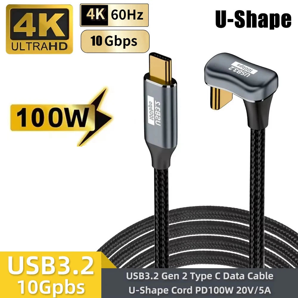 100W USB-C to USB-C U-Shape Cable – 10Gbps 5A 4K@60Hz USB-C Cable HIP Black 100m