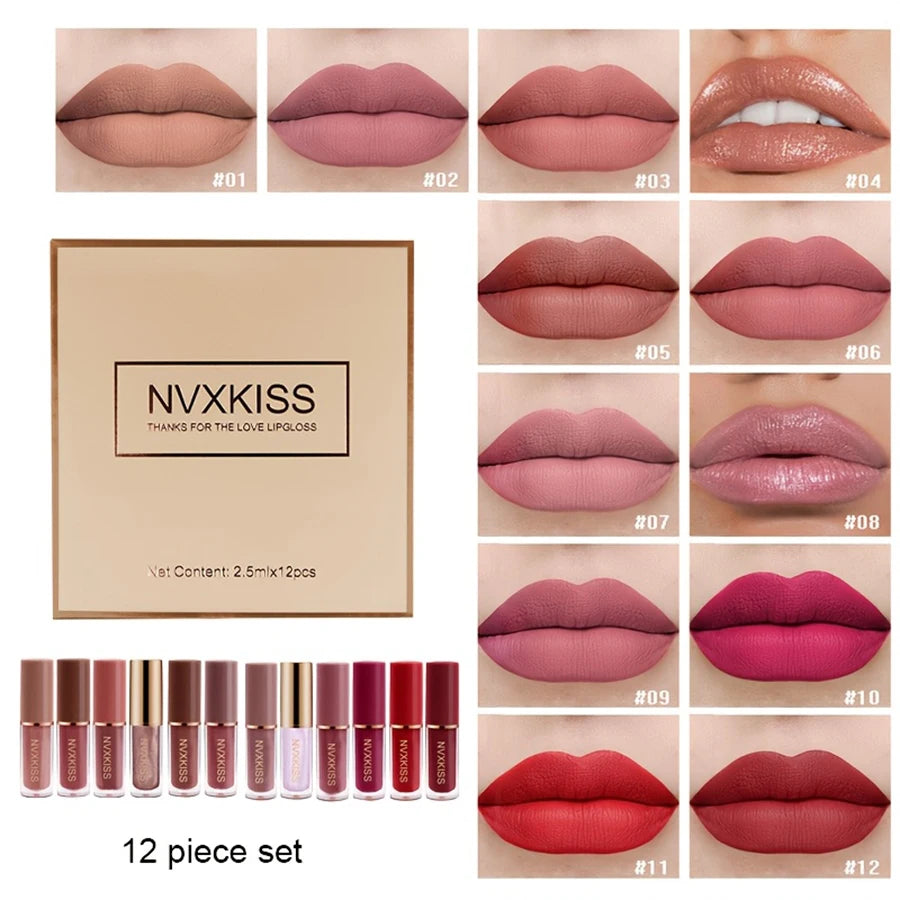 12PCS matte lip glaze pearlescent lip gloss waterproof long-lasting not easy to fade matte lipstick gift box gift HIP