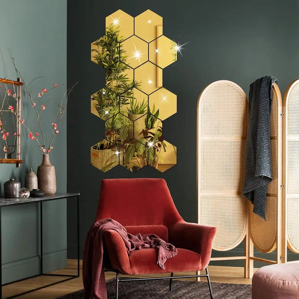 12Pcs Acrylic Hexagonal Mirror Wall Stickers 3D DIY Self-adhesive Decorative Wall Stickers Mirror Art Wall Decor Home Decoration HIP