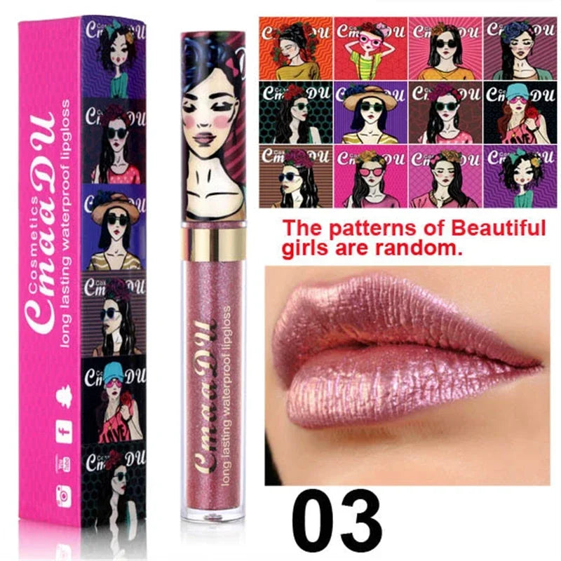 Cmaadu shimmer lip gloss beauty girl diamond glitter lip tint waterproof long lasting 12 color gold flash liquid lipstick makeup HIP 03