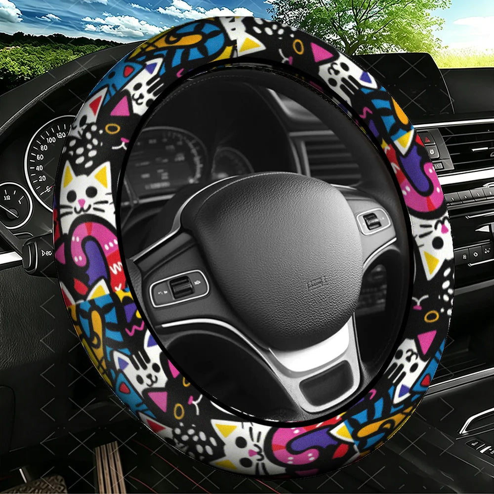 Cartoon Cat Geometric Patchwork 15-Inch Steering Wheel Cover Steering Wheel Cover HIP black