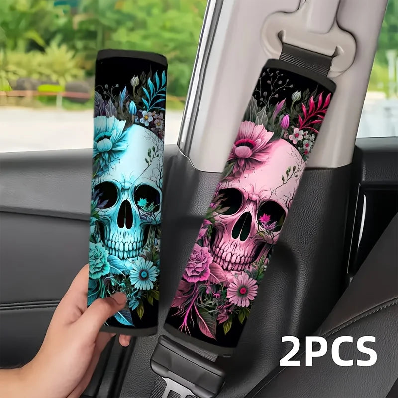 2-Pack Skull Floral Car Seat Belt Covers – Boho Gothic Seat Belt Cover HIP