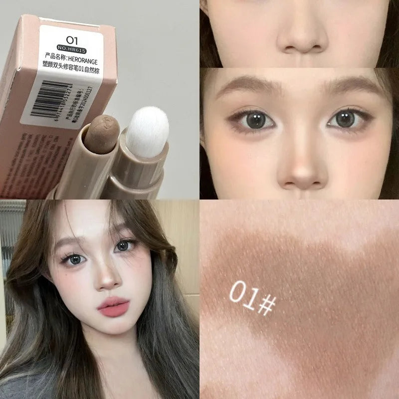 Double Head Contour Stick Bronzer with Brush Face Nose Shadow Cream Contour Pen Waterproof Lasting Contouring Makeup Cosmetics HIP 01