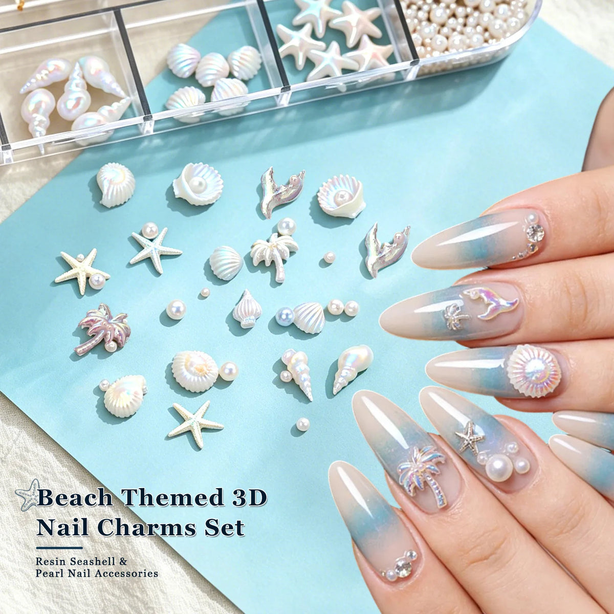 12 Grids Aurora White Blue Starfish Shell Conch Coconut Tree Pearl Nail Rhinestones Decorations Manicure Ocean Life Charms HIP