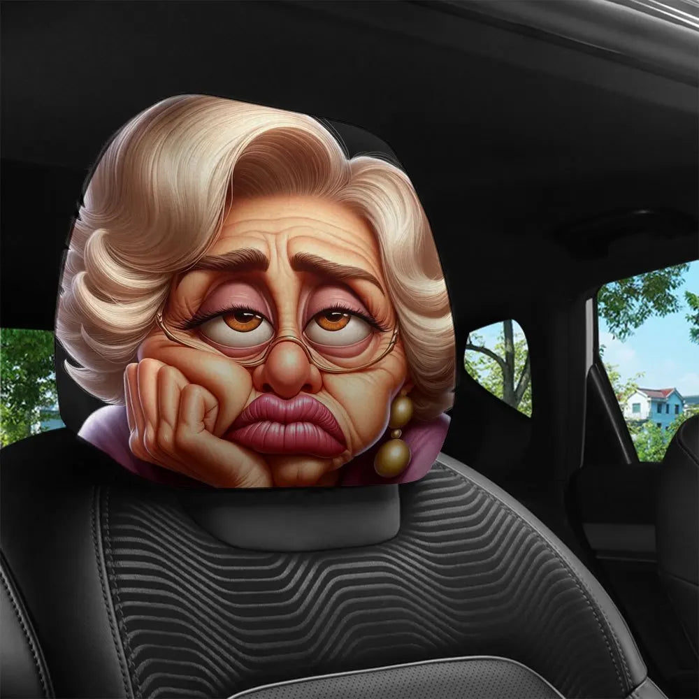2-Pack Cartoon Granny Car Headrest Covers – Universal Fit Car Headrest Cover HIP