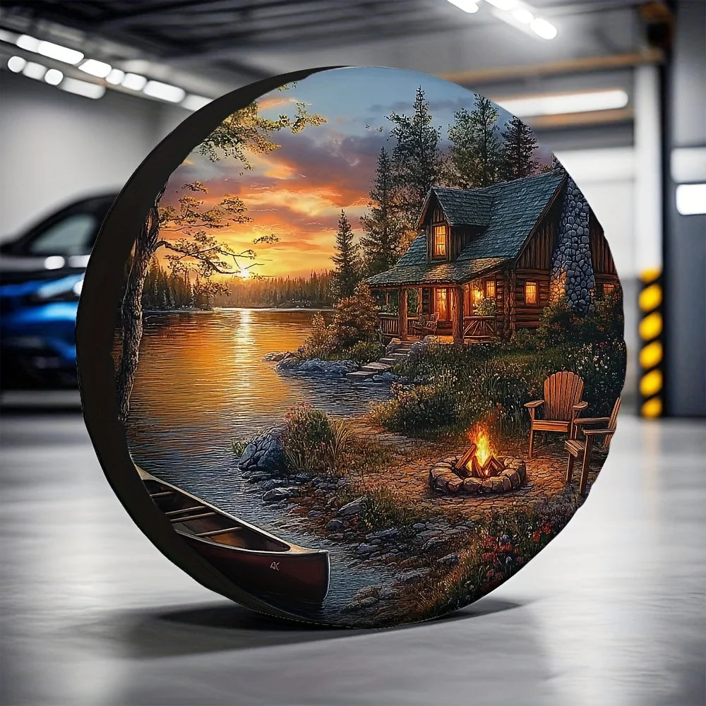 Rustic Cabin Sunset Spare Tire Cover – Lakeside Canoe Scene Spare Tire Cover HIP 1 17 in