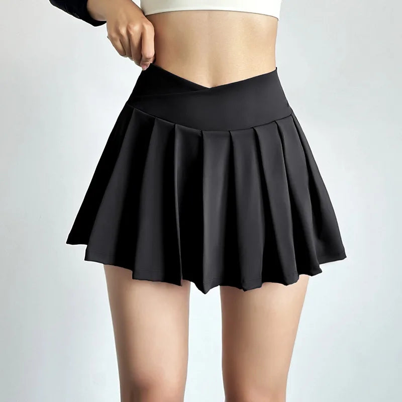 Sports short skirt women summer anti-walk yoga pants running fitness clothes quick dry breathable high waist pleated skirt HIP black M