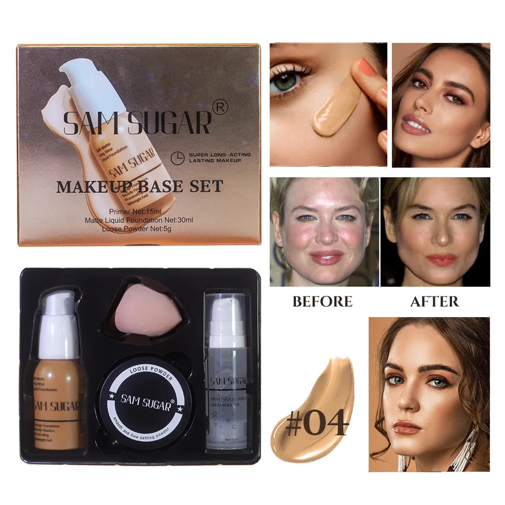 SAM SUGAR Makeup Base Set – Primer, Foundation & Powder Makeup Base Set HIP 04