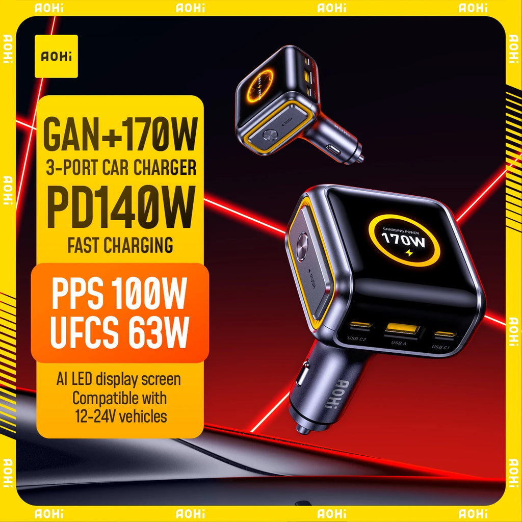 AOHI 170W 3-Port Fast Car Charger | PD 3.1 & LED Display Car Charger HIP