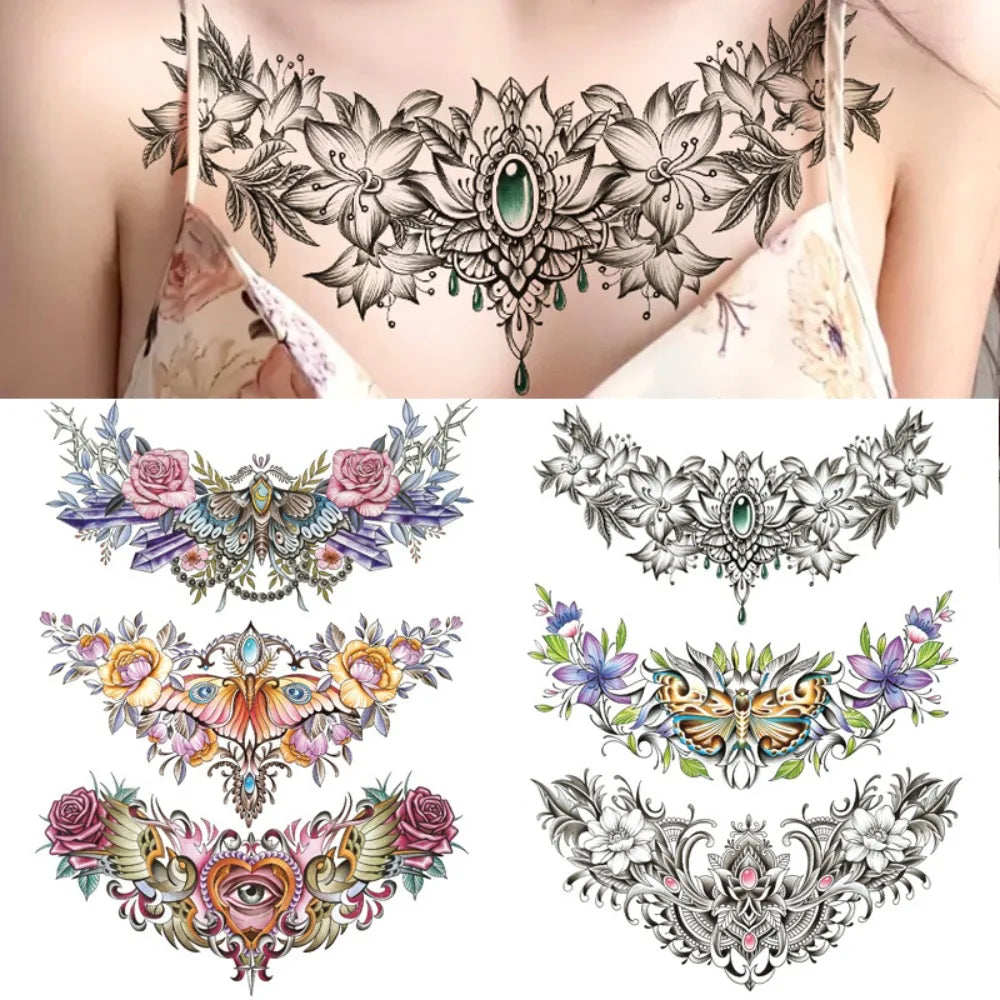 Waterproof Temporary Tattoo Sticker Big Chest Beauty Flower Fashion Colorful Butterfly Gem Diamond Art Fake Waist Tattoos Woman HIP