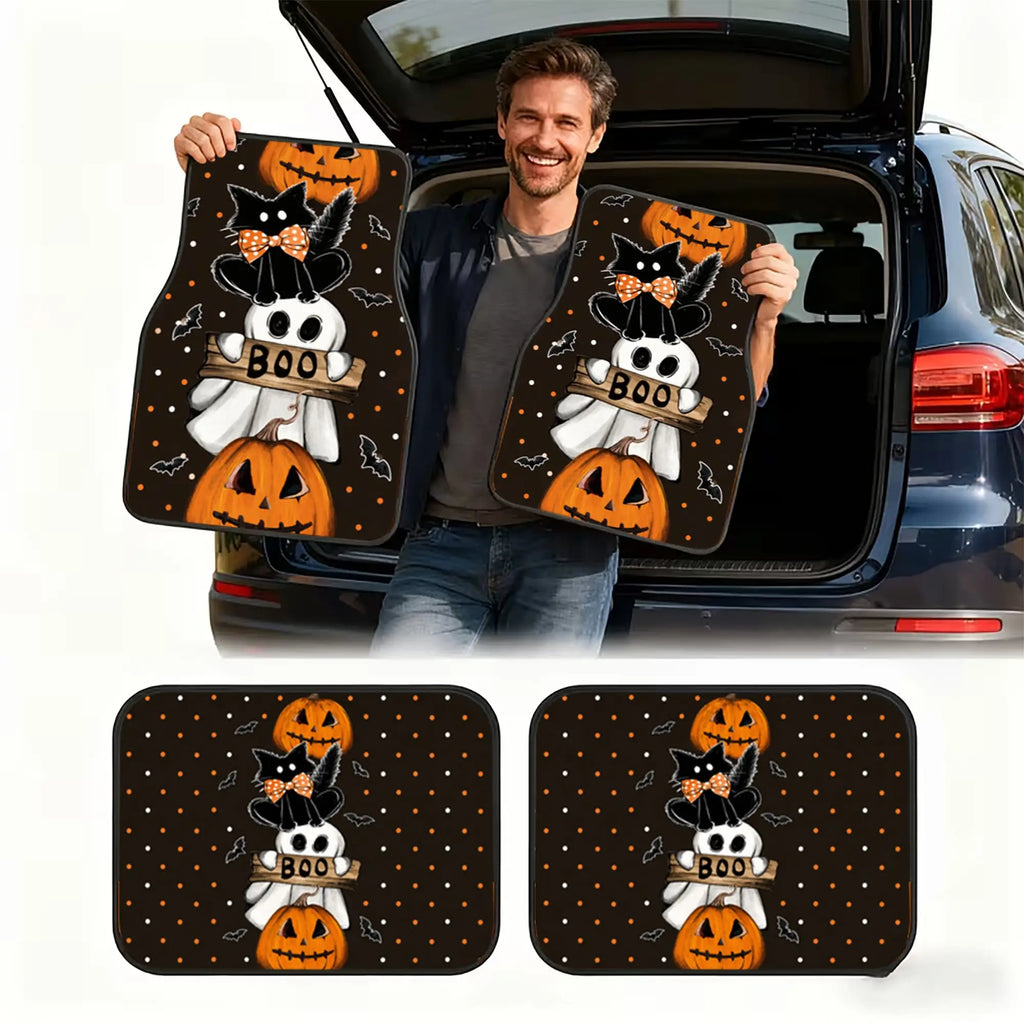 4-Piece Halloween Pumpkin & Black Cat Car Floor Mats – Universal Car Floor Mats HIP