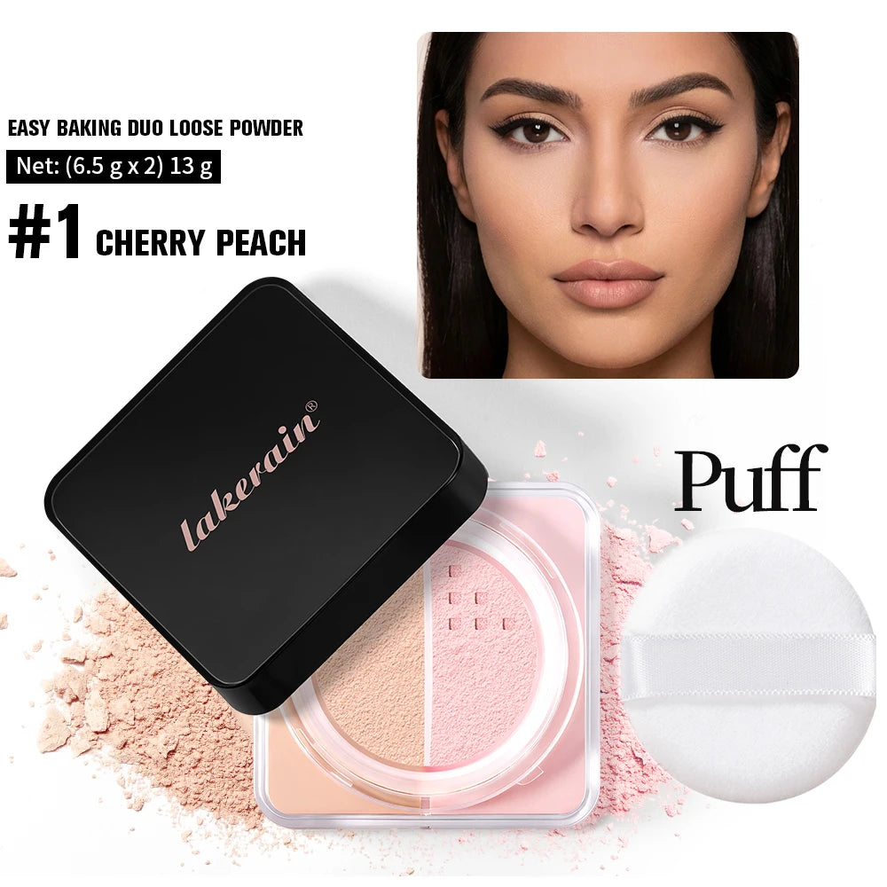 2 in 1 Bake Loose Powder Brightening&Correcting Duo Brightening Correcting Blurred Pores Matte LongLasting Setting Powder Makeup HIP and puff