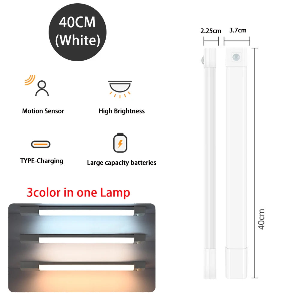 Motion Sensor LED Cabinet Light – USB Rechargeable, 3 Colors Motion Sensor Light HIP 1Pcs White 40CM