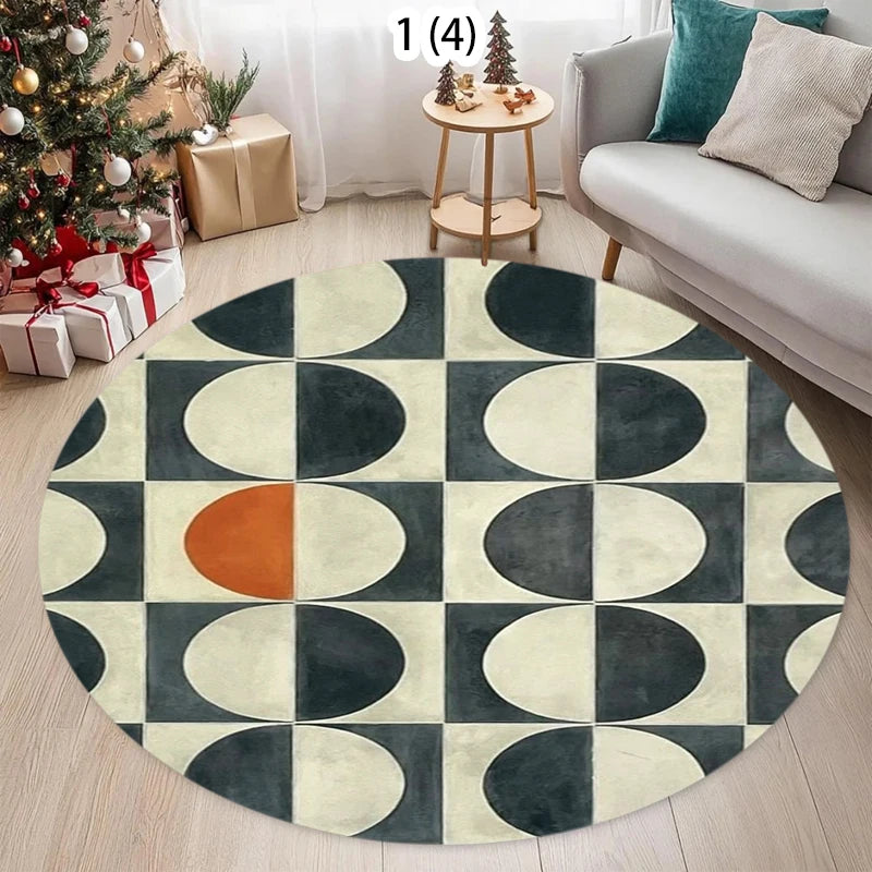 Mid-Century Geometric Round Rug – Black White Orange Print Geometric Area Rug HIP 1 80X80CM