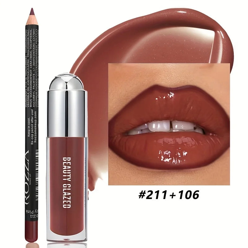 2Pcs Lip Gloss & Lip Liner Set Lip Kit Natural Nude Lip Glow Waterproof Longlasting Lip oil Liquid Lipstick Lip Liner Combo HIP SET3
