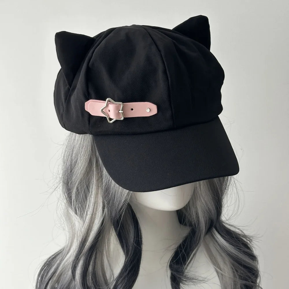 Y2K Cat Ears Lolita Beret Hat – Harajuku Gothic Flat Cap Lolita Beret Hat HIP pink-1
