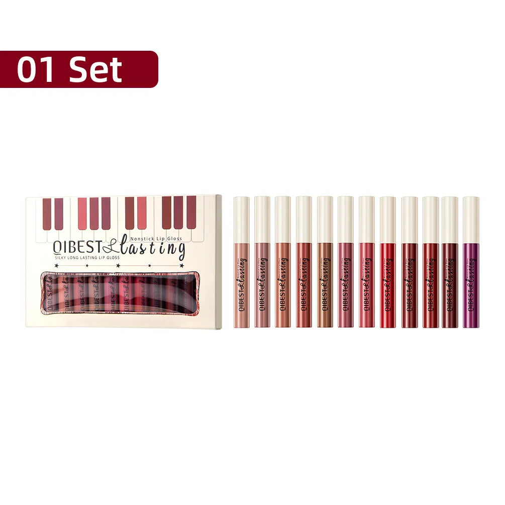 QiBest 12-Shade Matte Lip Gloss Set – Waterproof, Long-Lasting Matte Lip Gloss Set HIP 01 Set