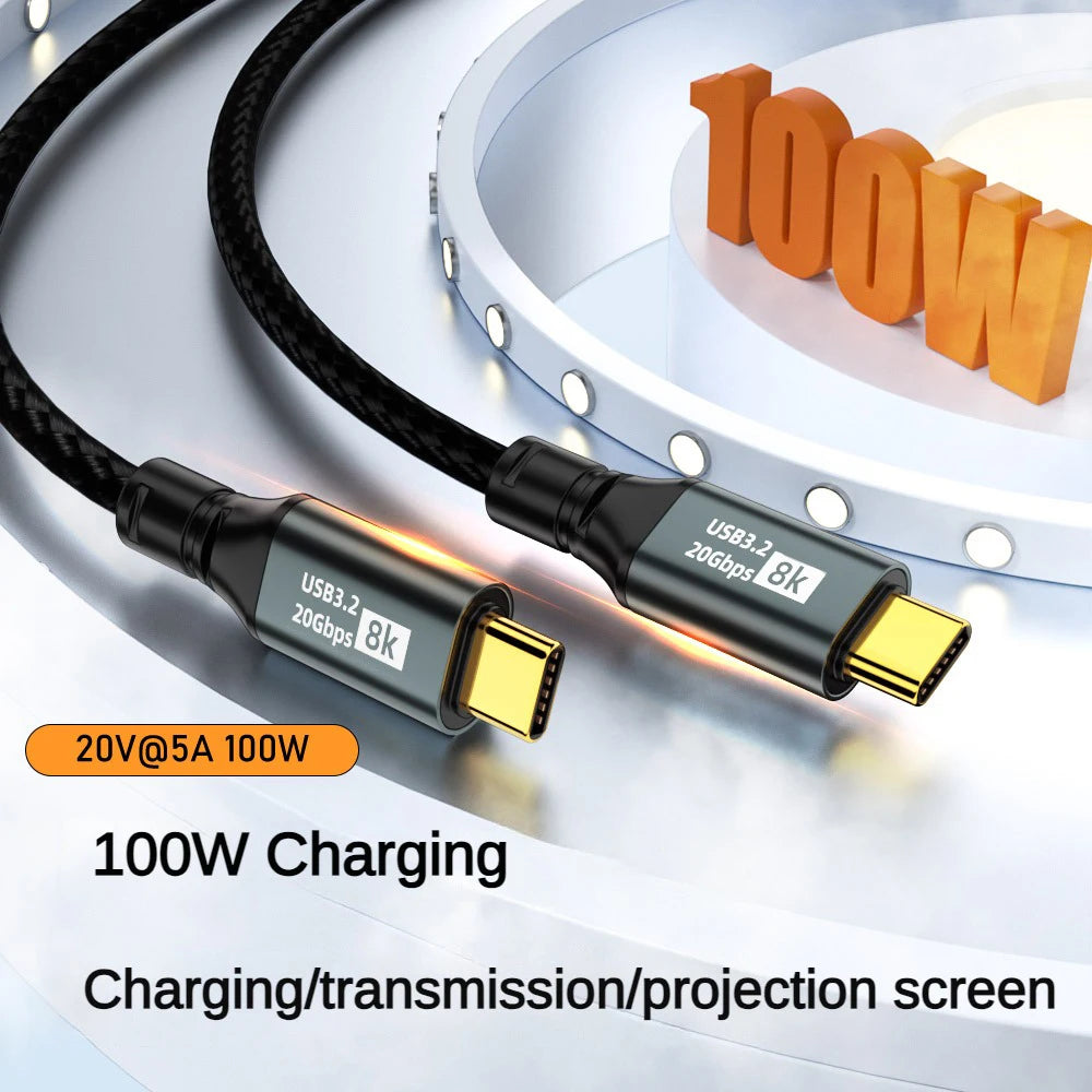 100W USB-C to USB-C Cable USB3.2 8K 20Gbps Fast Charge USB-C Charging Cable HIP