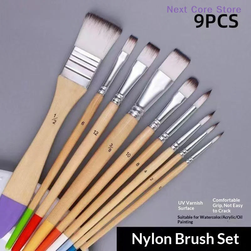 9-Piece Nylon Paint Brush Set – Watercolor, Acrylic & Oil Paint Brush Set HIP