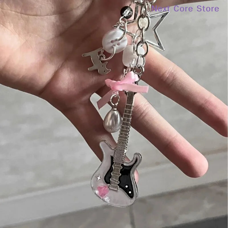 Y2K Guitar Cat Keychain – Rock Punk Pentagram Bow Pendant Fashion Keychain HIP