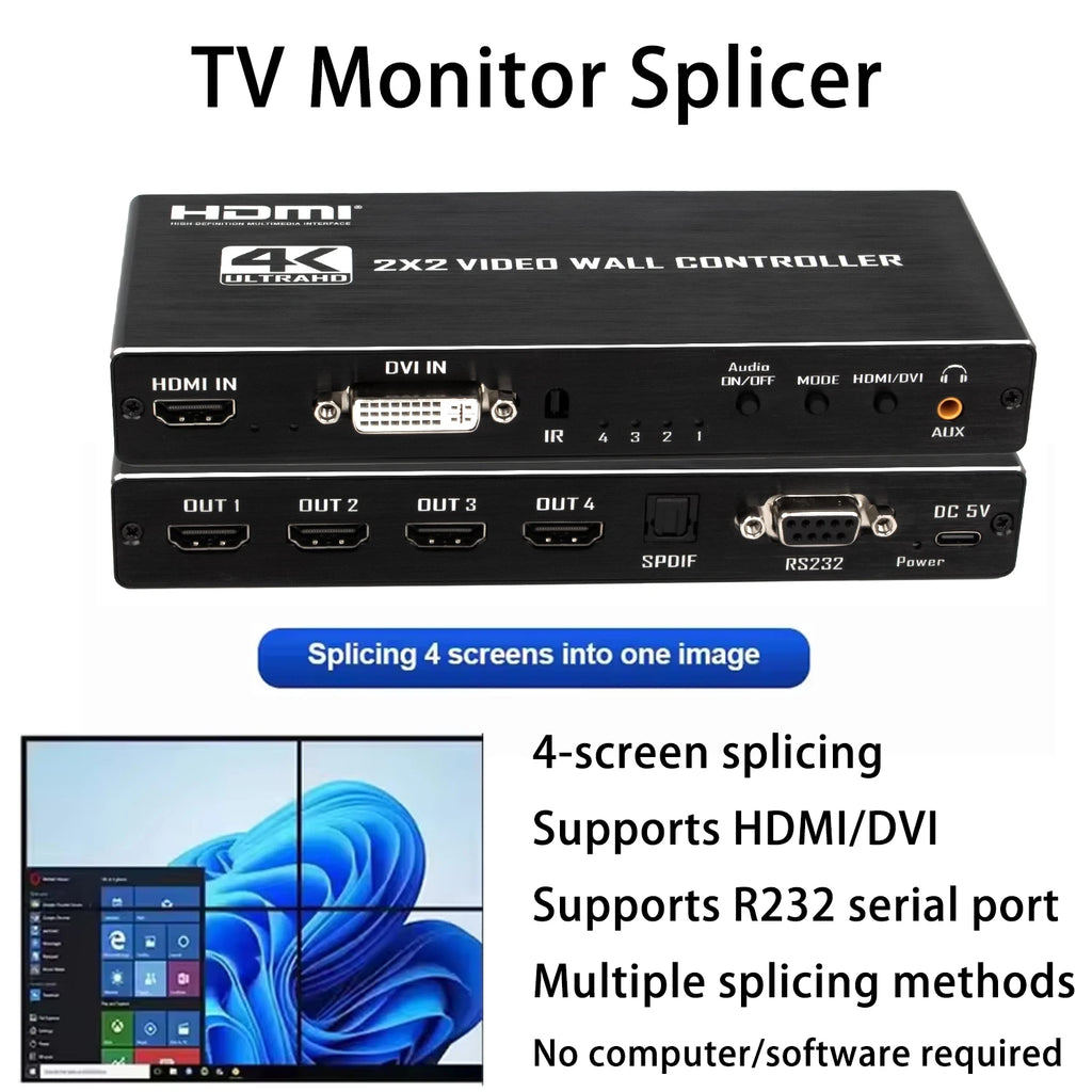 4K 2x2 Video Wall Controller – HDMI/DVI 4-Screen Processor Video Wall Controller HIP