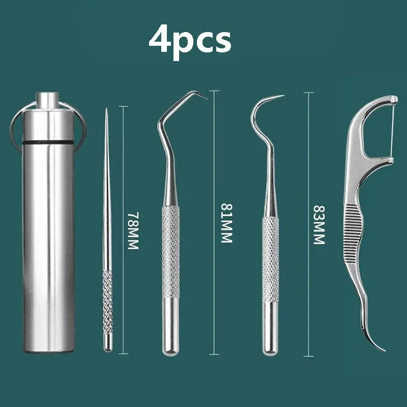 RUZOFO Reusable Stainless Steel Toothpick Set & Keychain Dental Toothpick Set HIP C625-Silver 4pcs