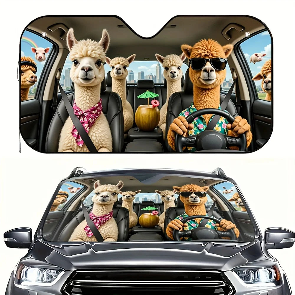 Alpaca Road Trip Car Sunshade – Foldable, 4 Suction Cups Car Sunshade HIP M