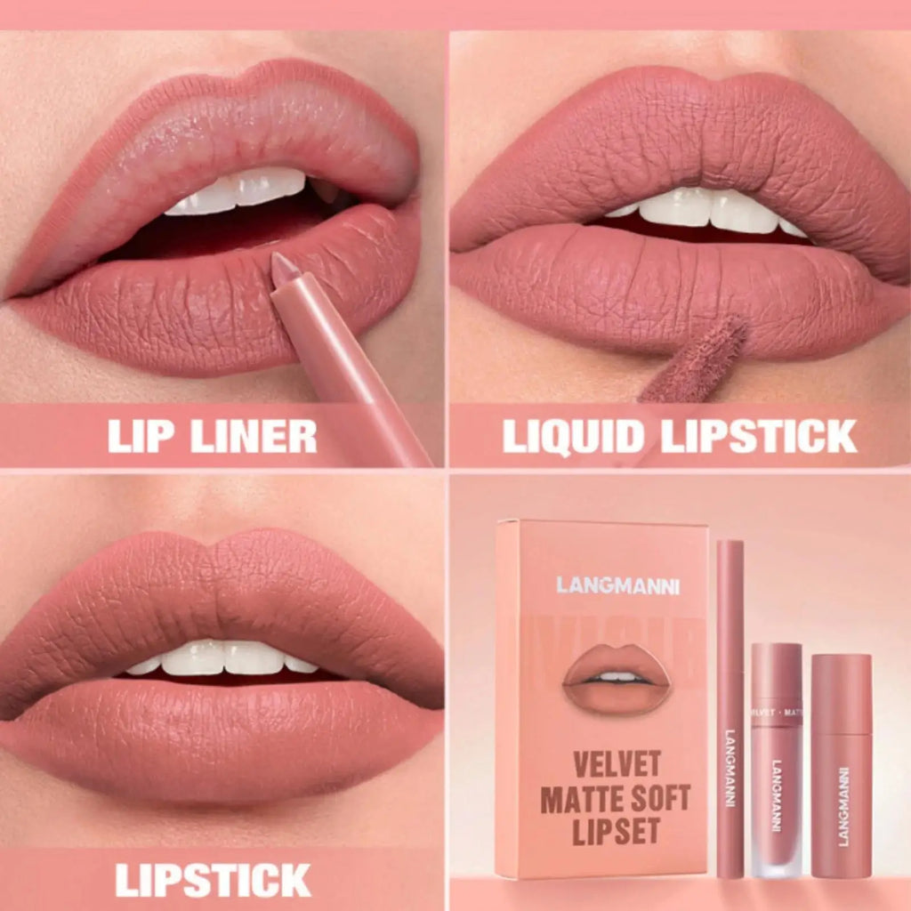 LANGMANNI 3-Pc Matte Liquid Lipstick & Lip Liner Kit Lip Makeup Kit HIP