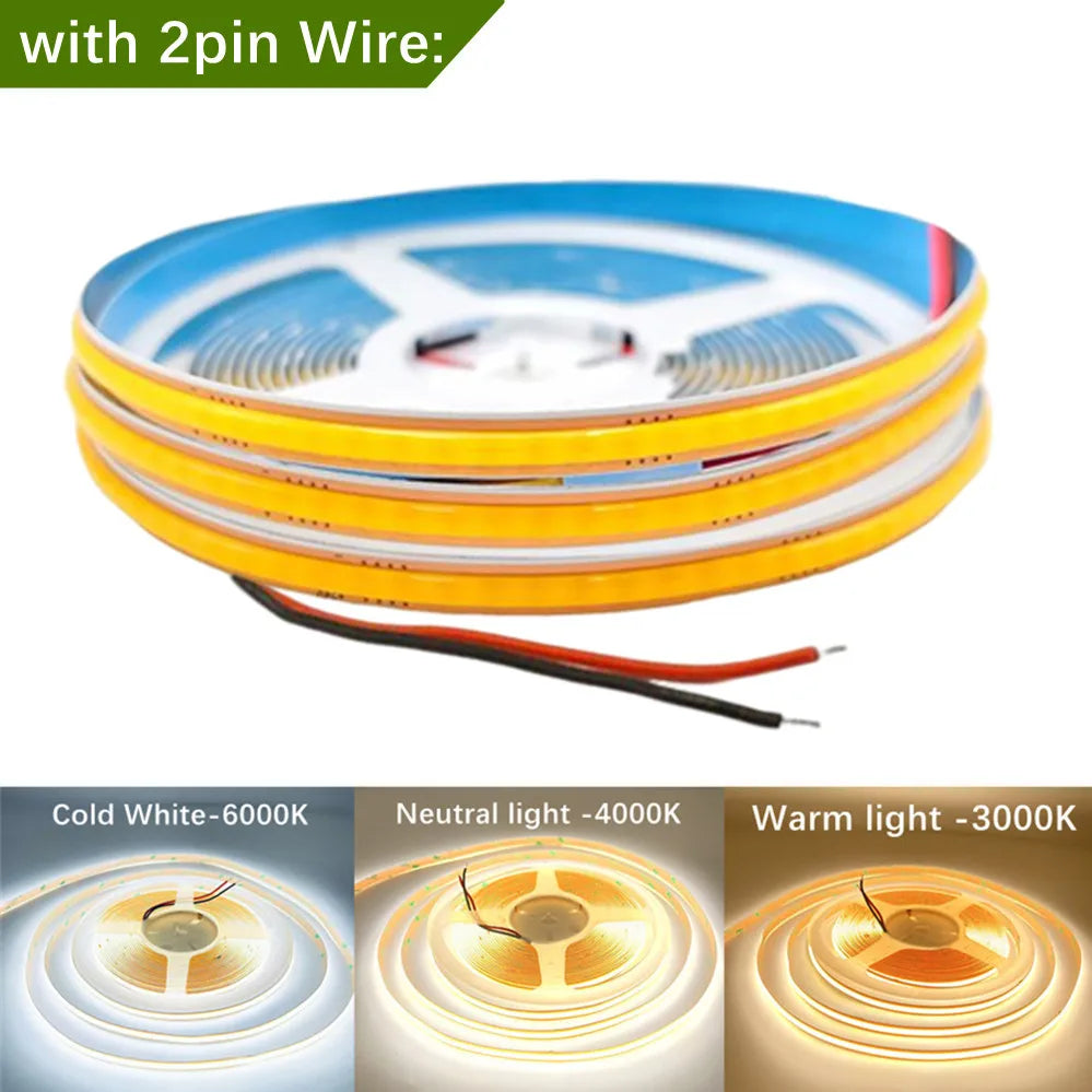 DC 12V/24V COB LED Strip Light 400/528 LEDs/m Free Cut 0.5–10M COB LED Strip Light HIP 2 Pin Wire 528LEDs per meter 12V White Light|10m