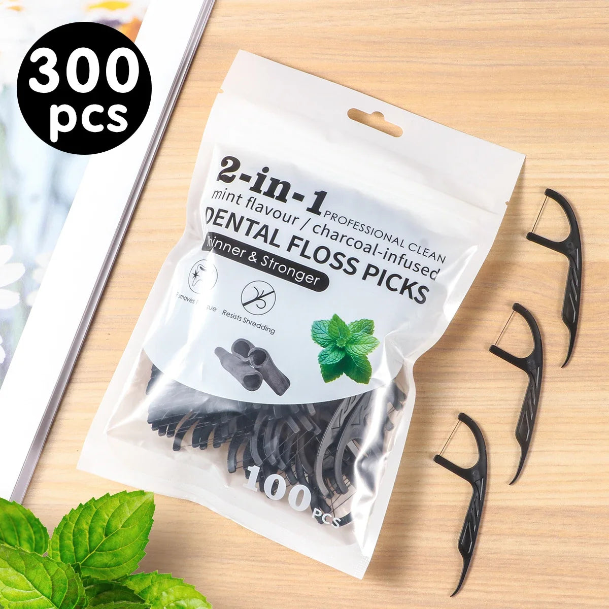 RUZOFO Bamboo Charcoal Menthol Dental Floss Picks 30–500 Pcs Dental Floss Picks HIP C752-300pcs
