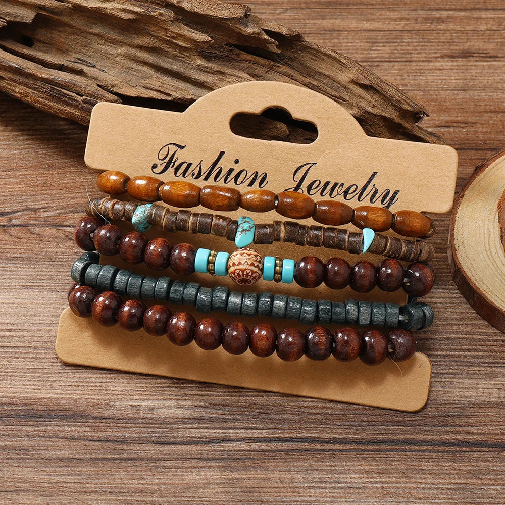 5Pcs Wood Beads Beaded Bracelet Set For Men Women Vintage Wood Beads Elastic Chain Bangle Fashion Daily Party Jewelry HIP