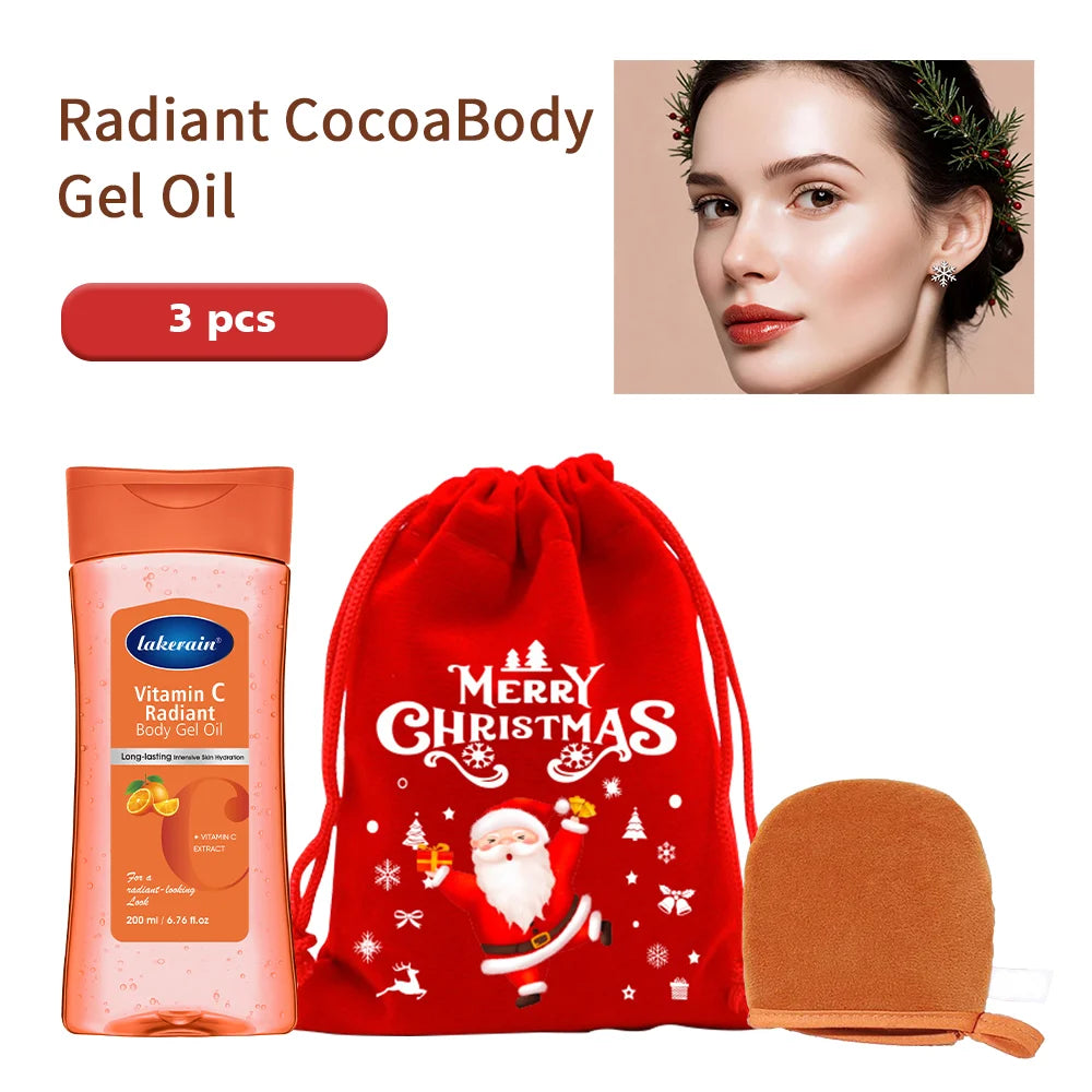 3pcs Christmas Gift Turmeric Cocoa Glow Body Gel Oil With Applicator Glove Vitamin C Vitamin B3 Moisturizing Smoothing Body Oil HIP set 2