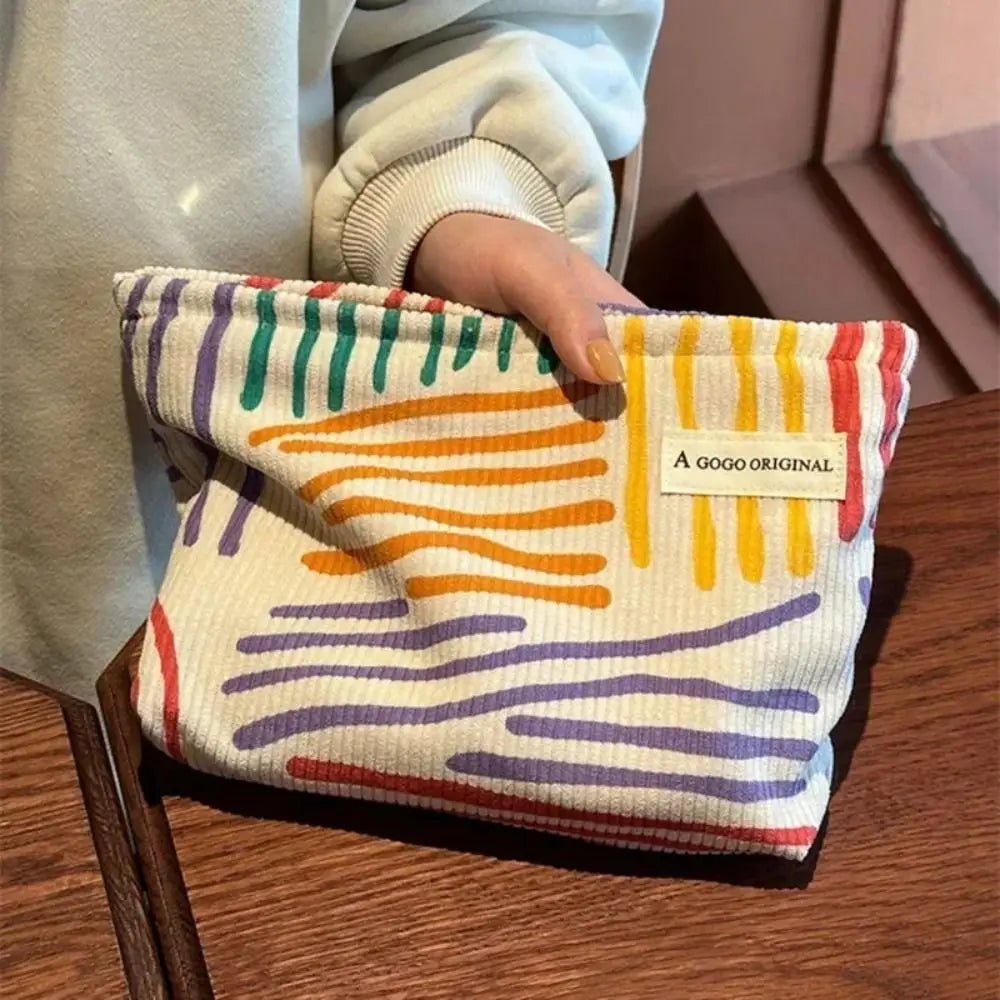 Corduroy Travel Makeup Bag – Striped Cosmetic Organizer Pouch Makeup Organizer Bag HIP WHITE