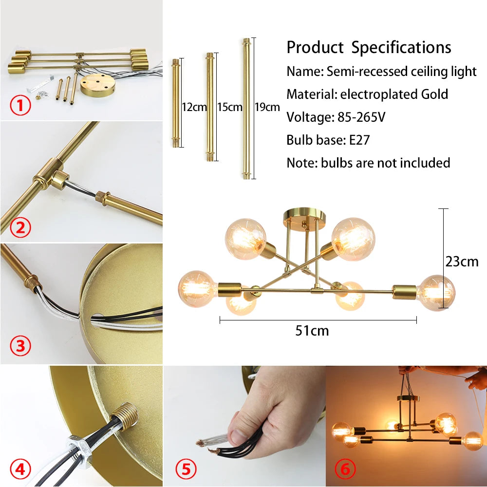 YNL Nordic Industrial Iron LED Ceiling Light – Black & Gold Ceiling Light Fixture HIP