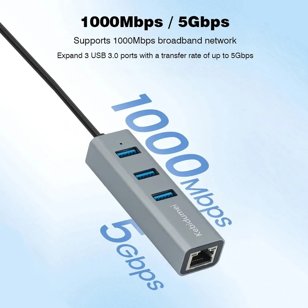 4-in-1 USB-C Hub – Gigabit Ethernet & 3x USB 3.0 | KEBIDUMEI USB-C Hub Adapter HIP