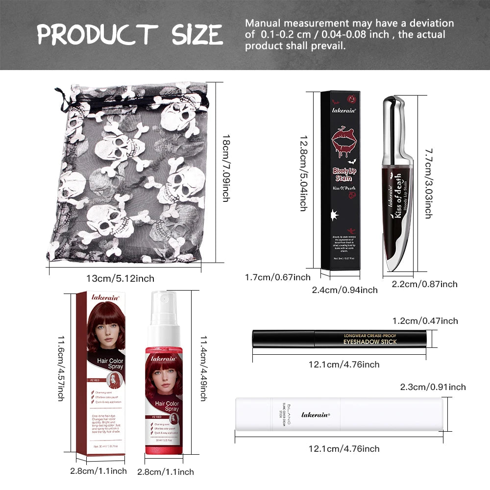4pcs Halloween Cosplay Makeup Set Foundation Stick Lip Stain Red Temporary Hair Dye Spray Eyeshadow Stick Waterproof Gothic Part HIP