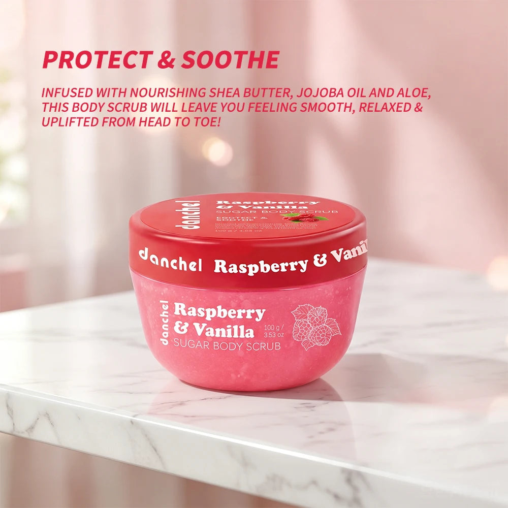 Raspberry Vanilla Sugar Glow Scrub Gentle Body Exfoliator Remove Dead Skin Cells Smooth Soft Fragrance Shower Care HIP