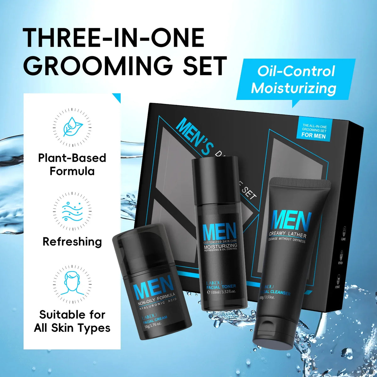 LAIKOU Men's 3-in-1 Skincare Set – Cleanser, Toner & Cream Men's Skincare Set HIP