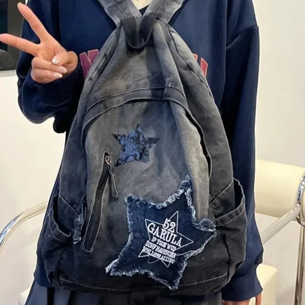 Star Pattern Denim Backpack – Y2K Punk School Bag Unisex Denim Backpack HIP