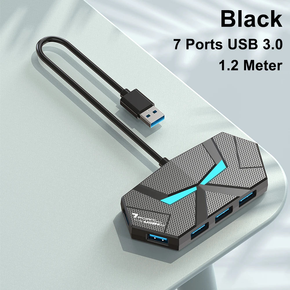 4/7-Port USB 3.0 Hub 5Gbps Docking Station – Type-C Power USB Hub HIP 1.2M 7-in-1 Black